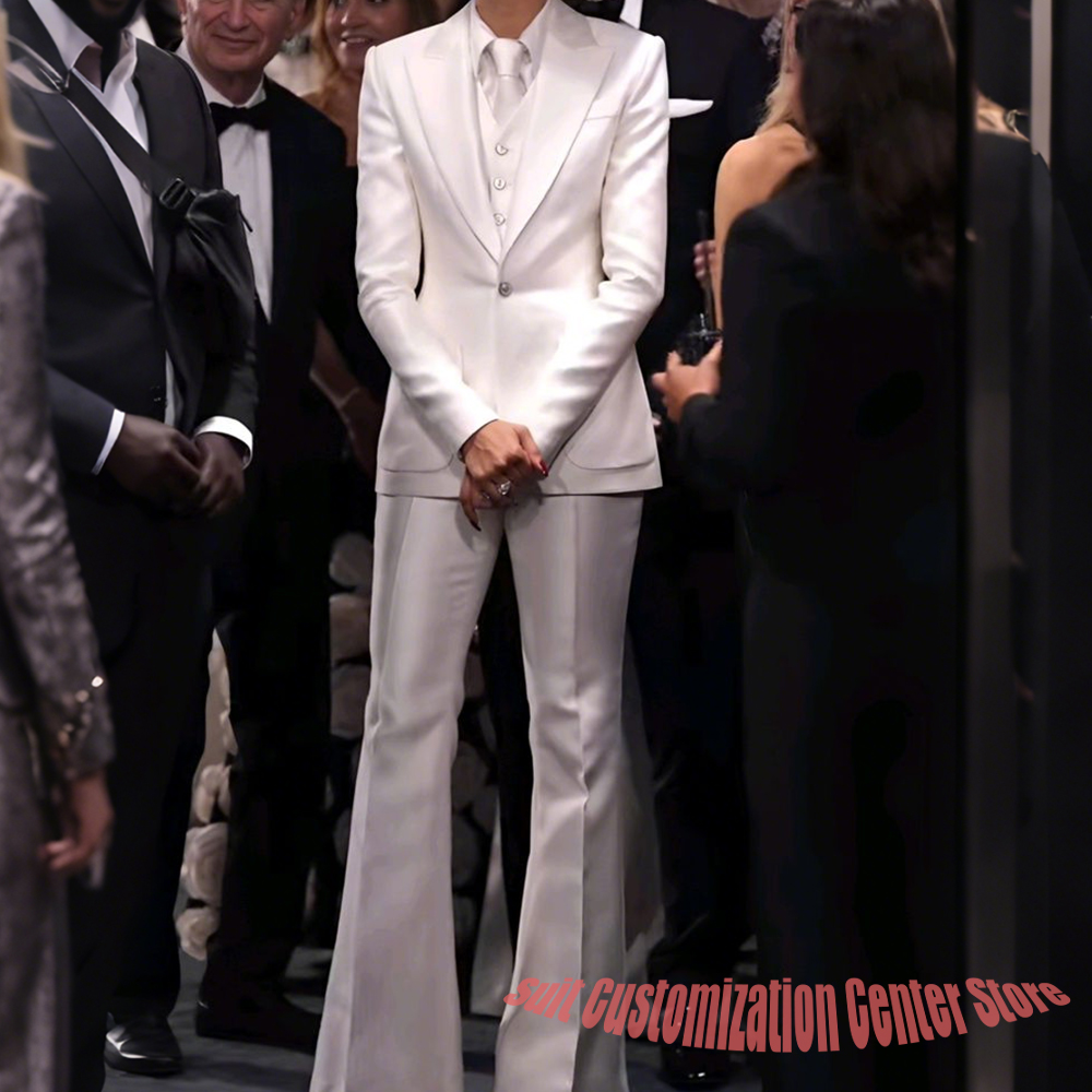 Women Formal Wear White Shirt - Women's White Satin Tailored Suit Set