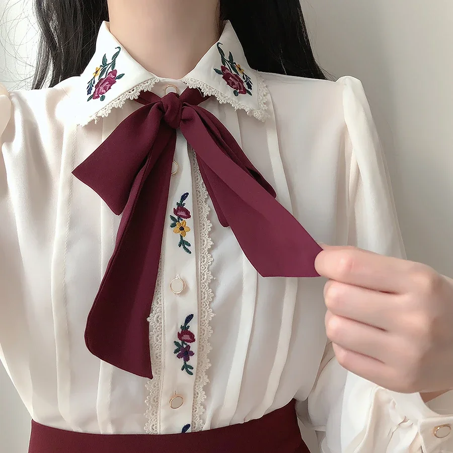 Women Formal Wear White Shirt - Retro Vintage Embroidery Bow Tie Tops
