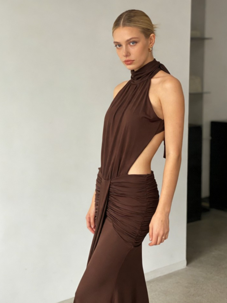 Women Formal Wear Online - Brown high neck backless long skirt