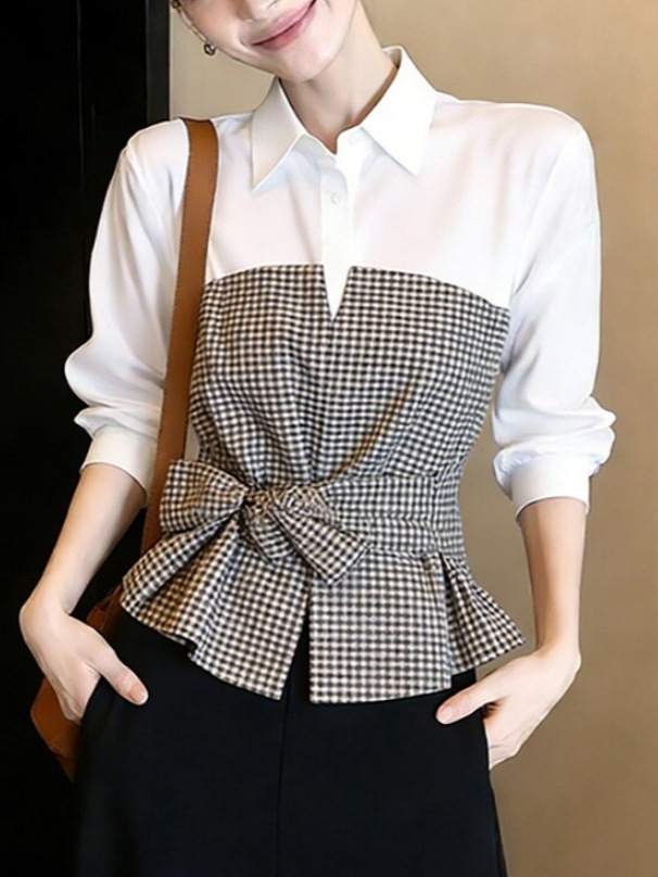 Women Formal Wear White Shirt - New White Black Gingham Patchwork Blouse