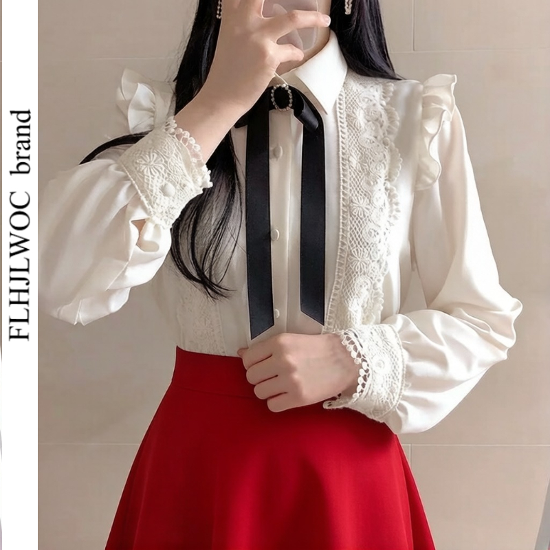 Women Formal Wear White Shirt - Ruffled Autumn Spring Basic Office Lady