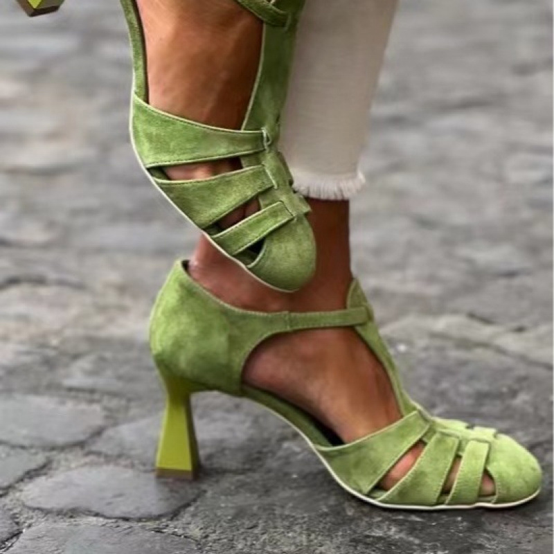 Women Formal Wear For Office - Women's Green Suede Kitten Heel T-Strap