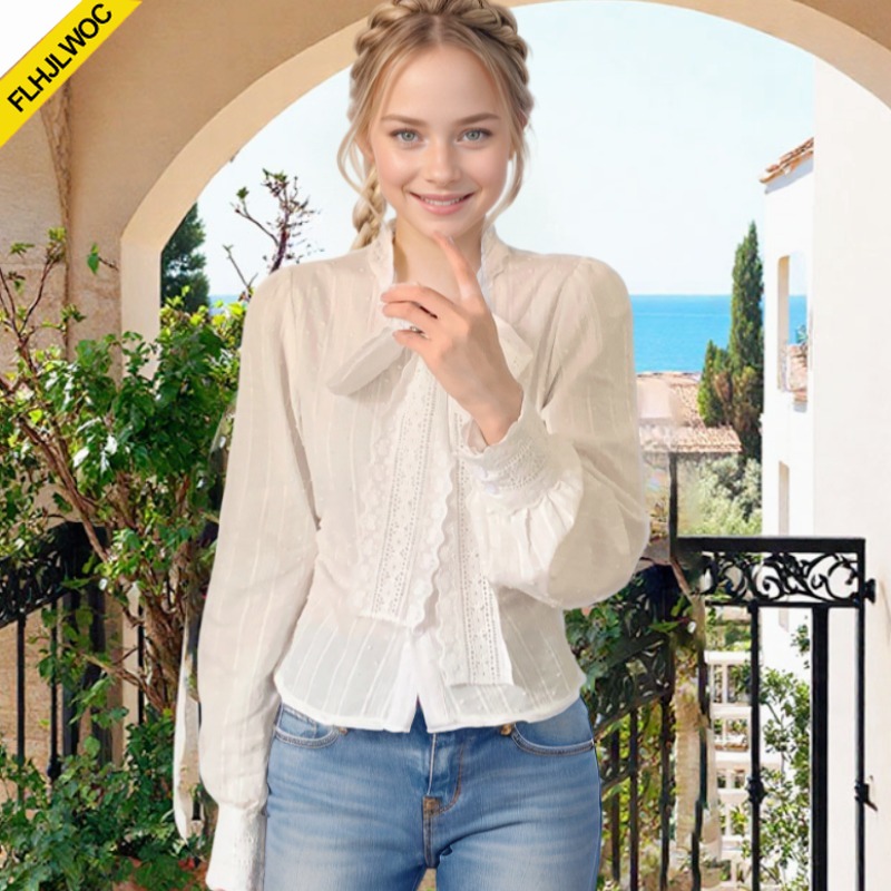 Women Formal Wear White Shirt - Retro Vintage Lace Bow Tie Tops