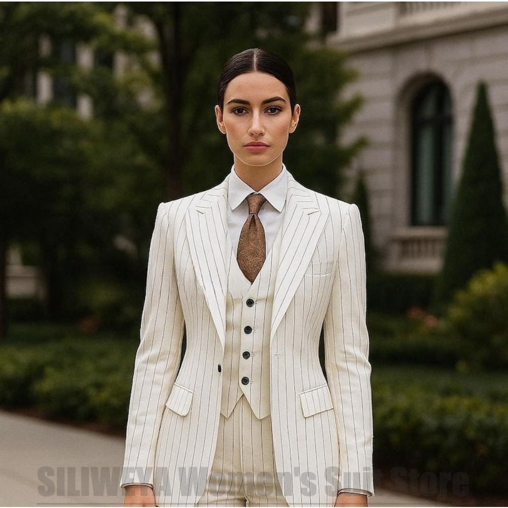 Women Formal Wear White Shirt - White Striped Women Suit 3 Piece