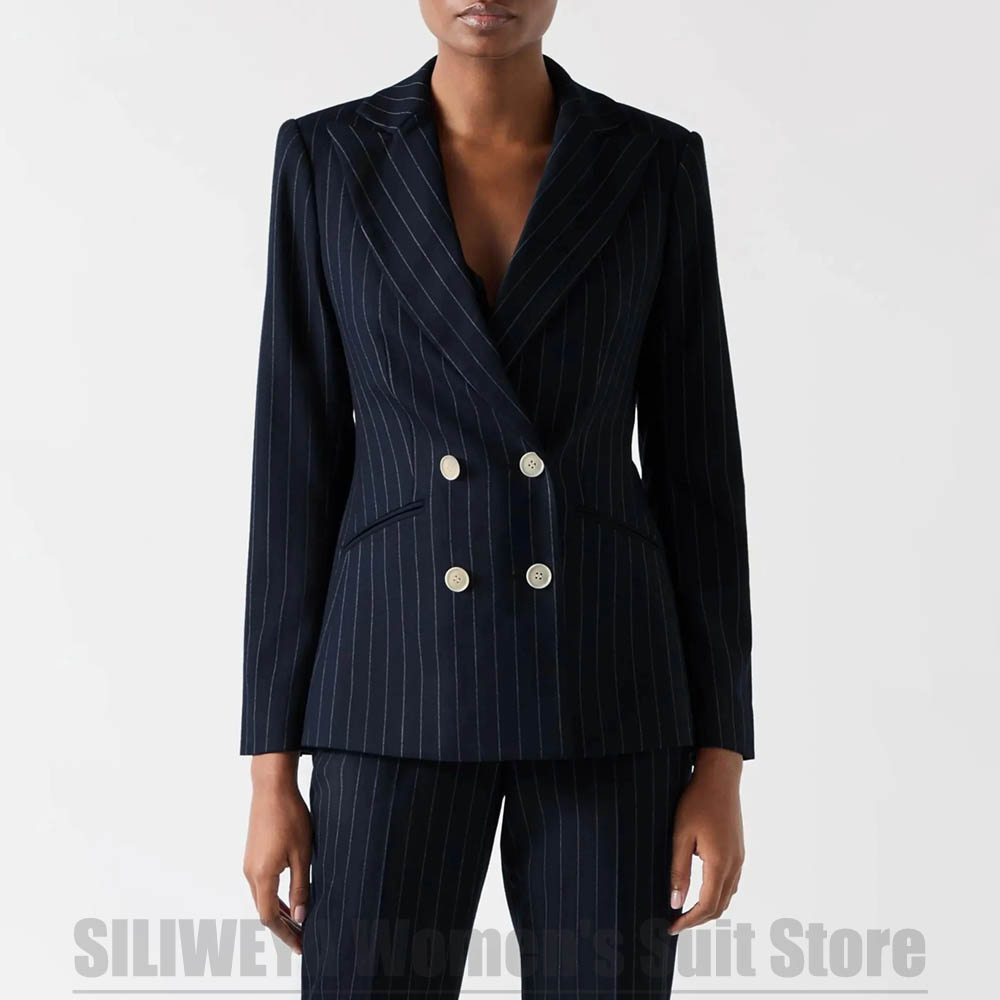 Women Formal Wear For Meeting - Women's Navy Blue Striped Suit Double