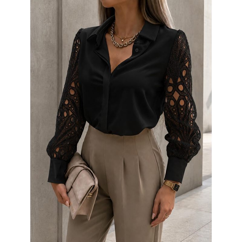 Women Formal Wear For Meeting - Women Button Down Satin Blouse, Hollow
