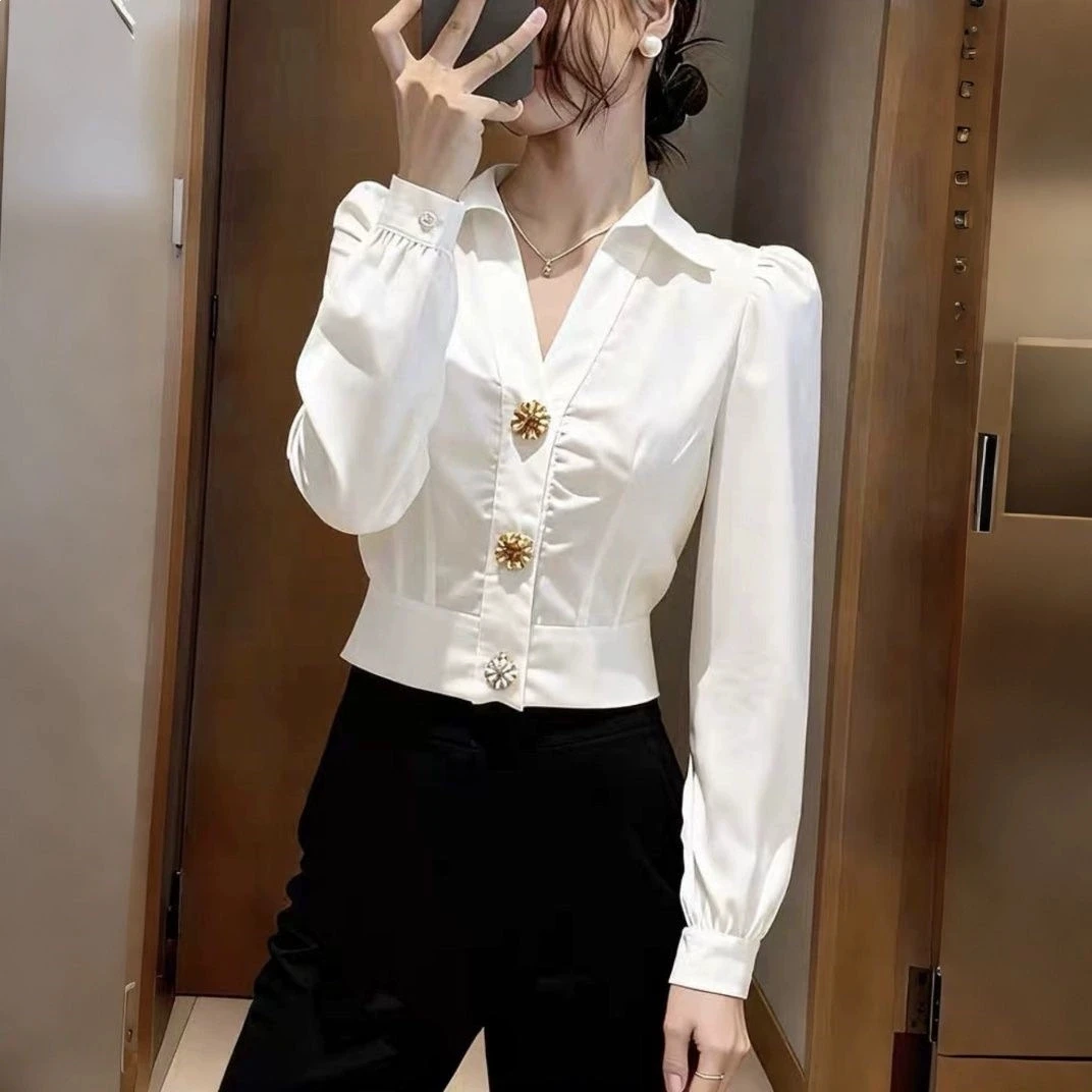 Elegant White Shirt V Neck Blo - Women Formal Wear White Shirt ulasan dan harga