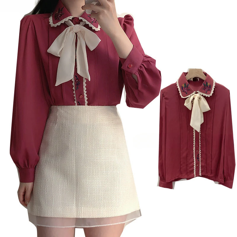 Retro Vintage Embroidery Bow T - Women Formal Wear White Shirt ulasan dan harga