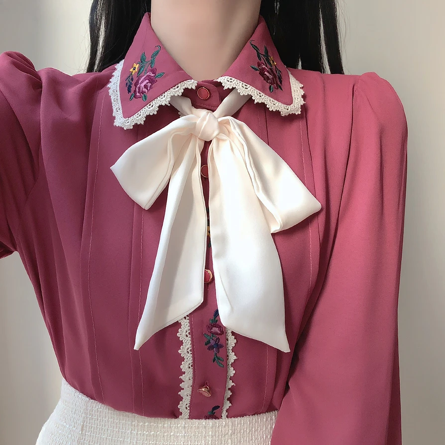Retro Vintage Embroidery Bow T - Women Formal Wear White Shirt ulasan dan harga