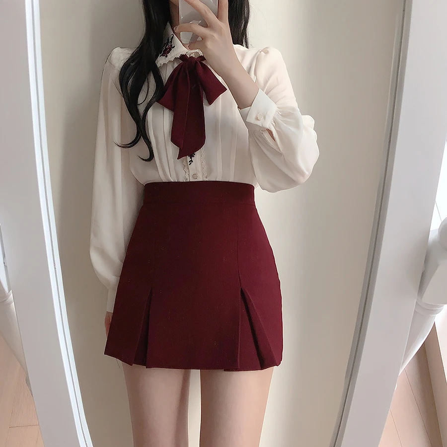 Retro Vintage Embroidery Bow T - Women Formal Wear White Shirt ulasan dan harga