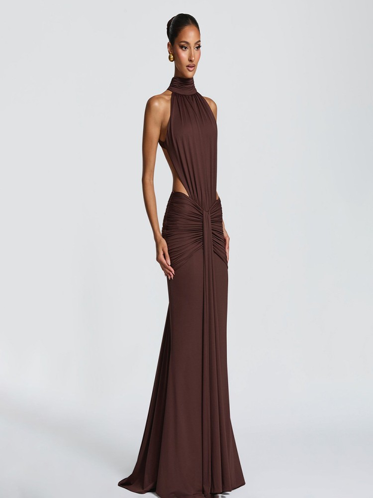 Brown high neck backless long  - Women Formal Wear Online ulasan dan harga