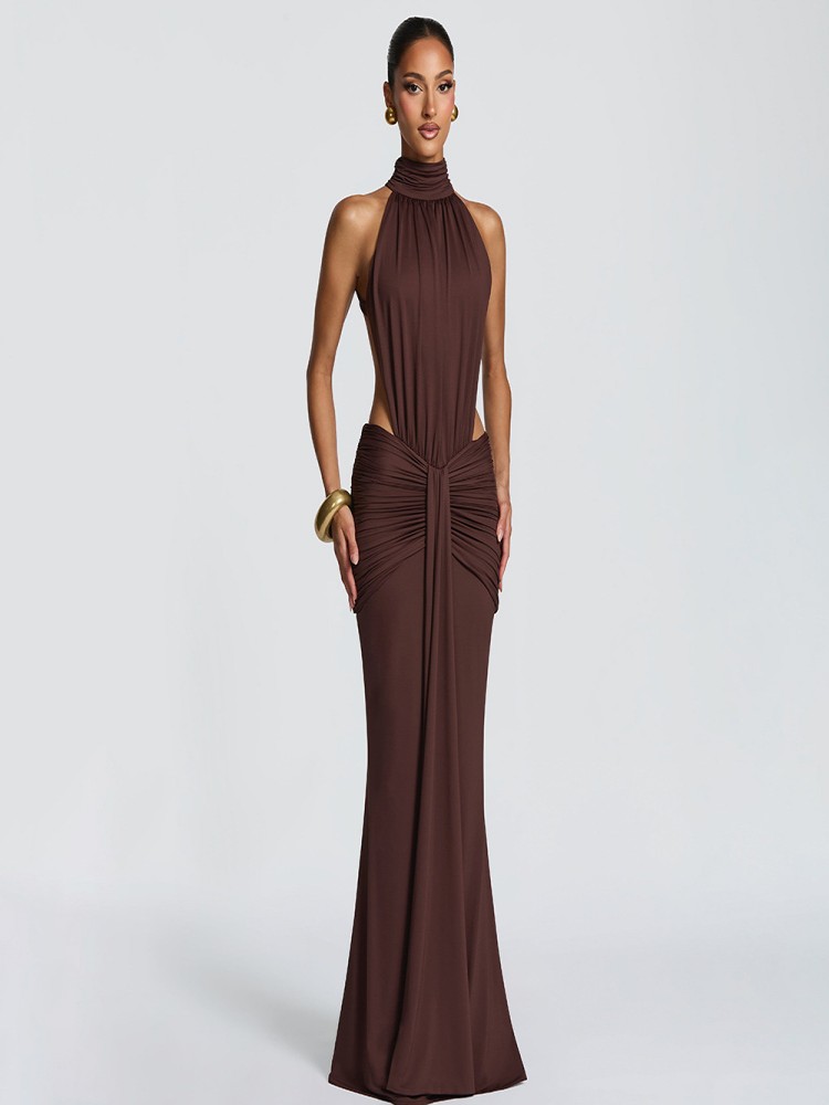 Brown high neck backless long  - Women Formal Wear Online ulasan dan harga