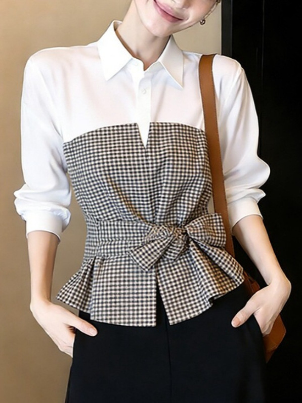 New White Black Gingham Patchw - Women Formal Wear White Shirt ulasan dan harga