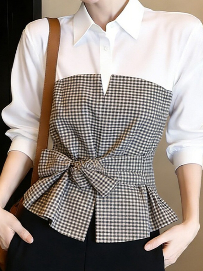 New White Black Gingham Patchw - Women Formal Wear White Shirt ulasan dan harga