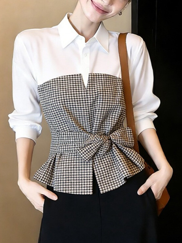 New White Black Gingham Patchw - Women Formal Wear White Shirt ulasan dan harga