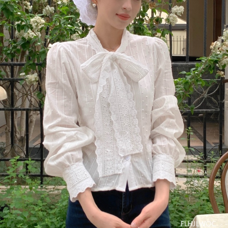 Retro Vintage Lace Bow Tie Top - Women Formal Wear White Shirt ulasan dan harga