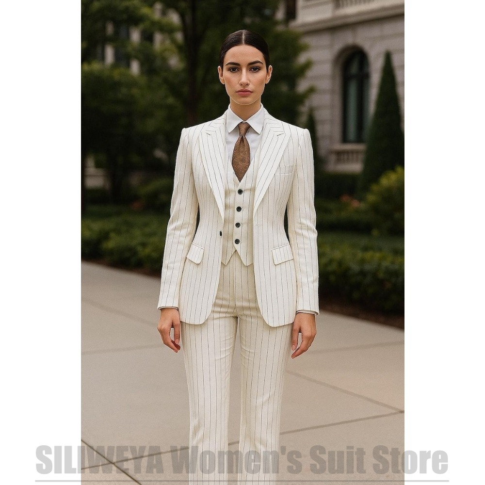 White Striped Women Suit 3 Pie - Women Formal Wear White Shirt ulasan dan harga