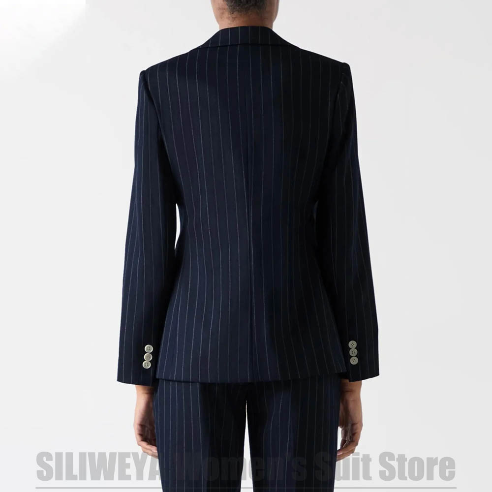 Women's Navy Blue Striped Suit - Women Formal Wear For Meeting ulasan dan harga