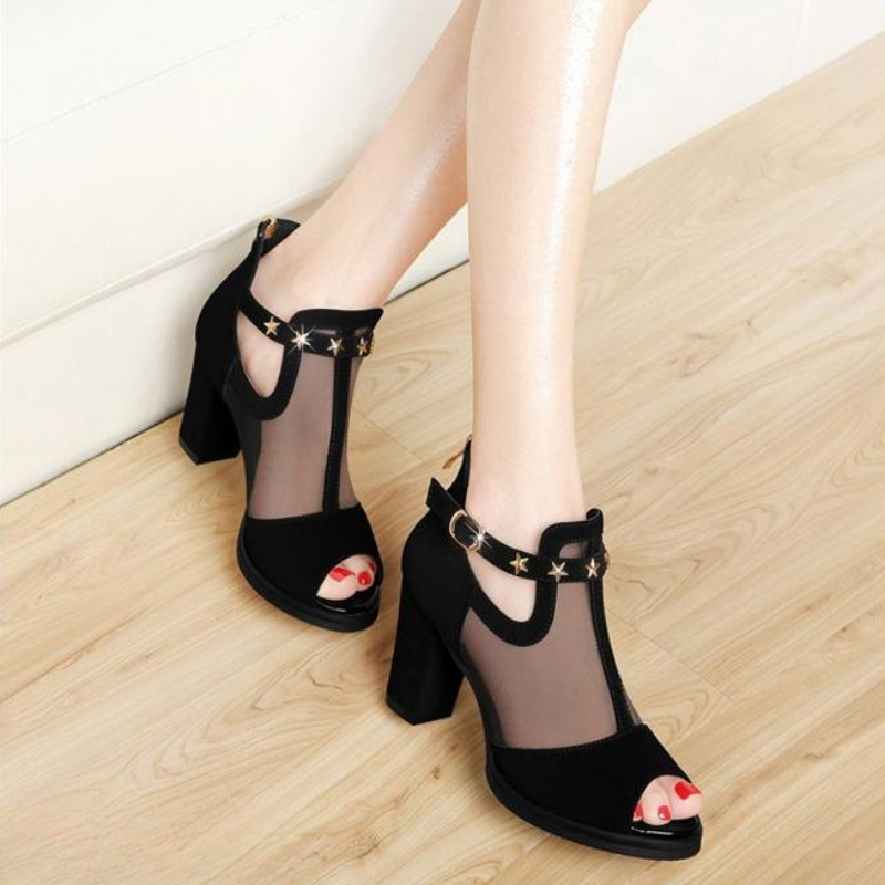 Mesh Peep Toe Block High Heels - Women Formal Wear For Office ulasan dan harga