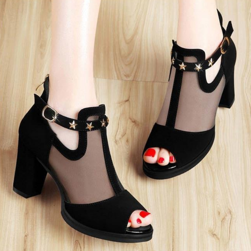 Mesh Peep Toe Block High Heels - Women Formal Wear For Office ulasan dan harga